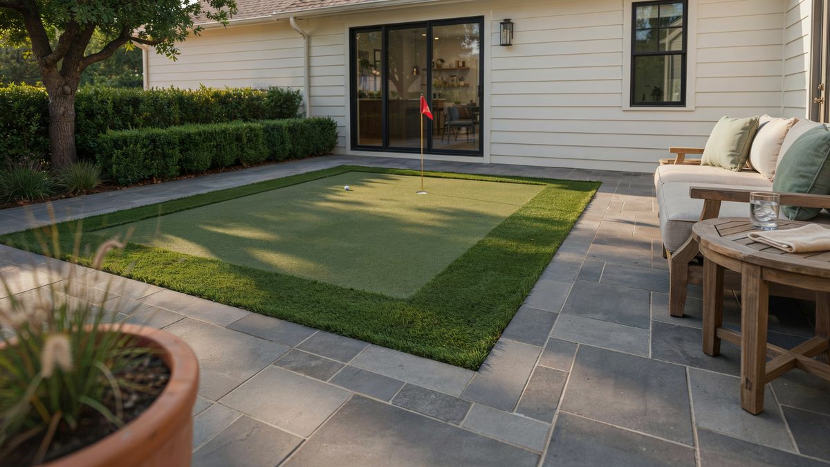 Small green meeting gray pavers beside a teak sofa and sliding door