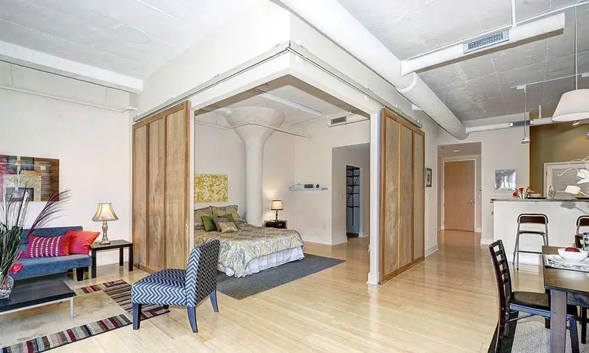 Studio apartment living room bedroom combo with sliding barn doors and bamboo flooring