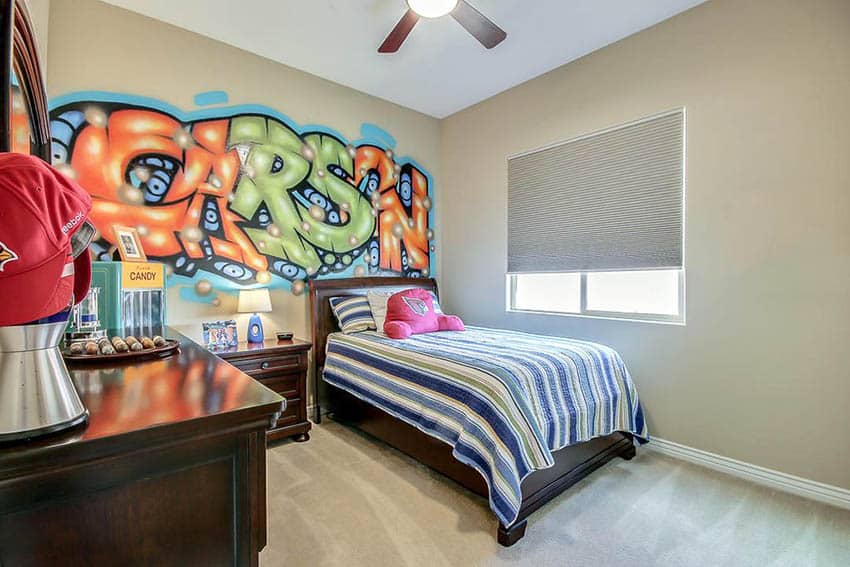Teens bedroom with name graffiti wall