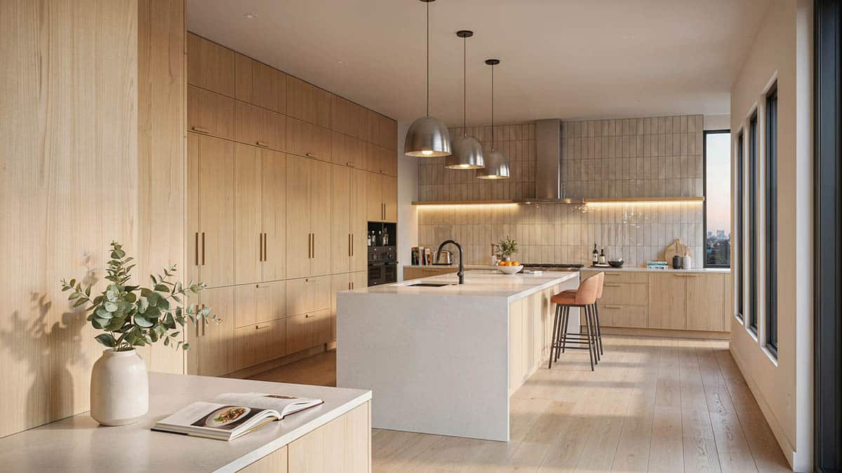 Kitchen with silver pendants, waterfall quartz and glass tile accent wall