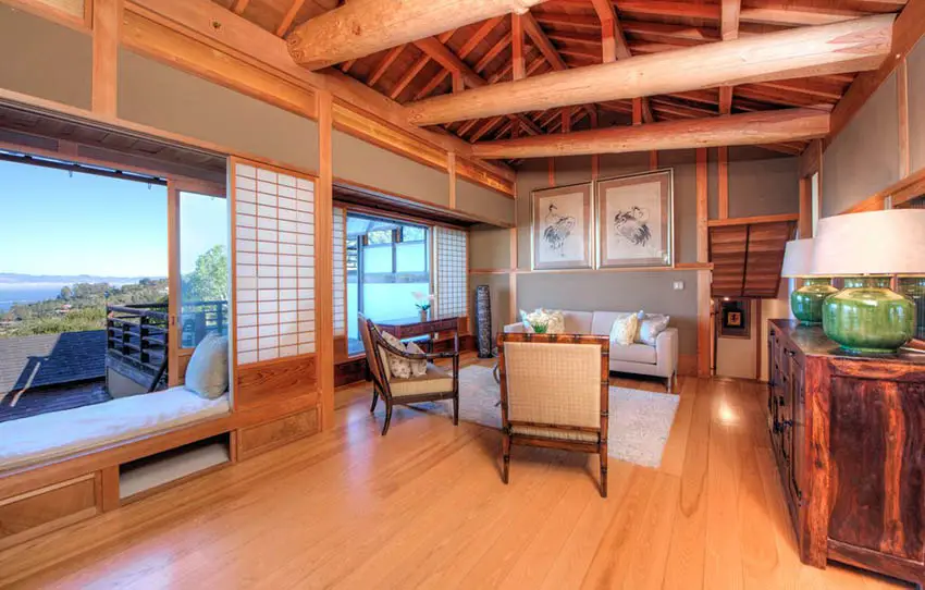 Bamboo flooring, shoji doors and wood ceiling beams