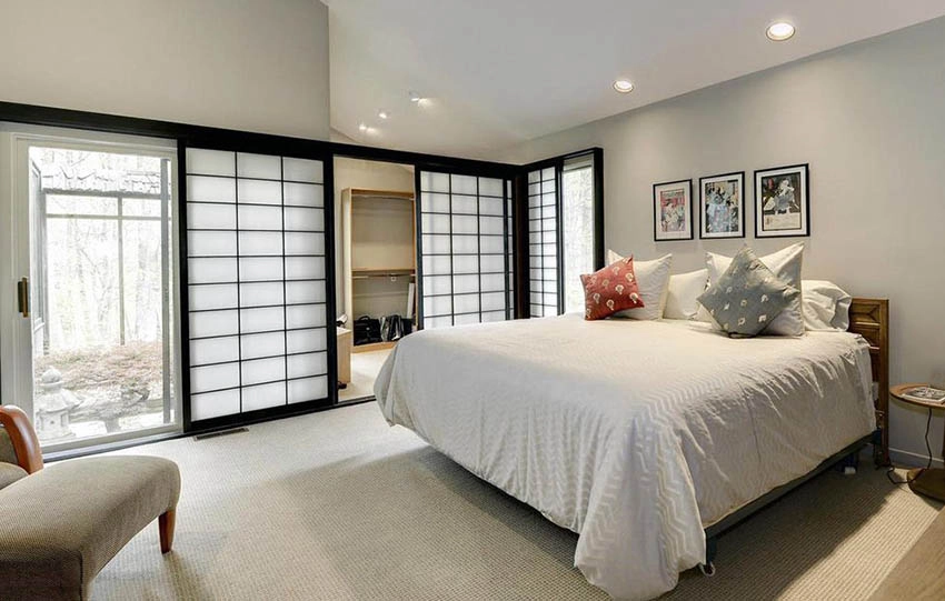 Asian style bedroom with sliding shoji closet doors