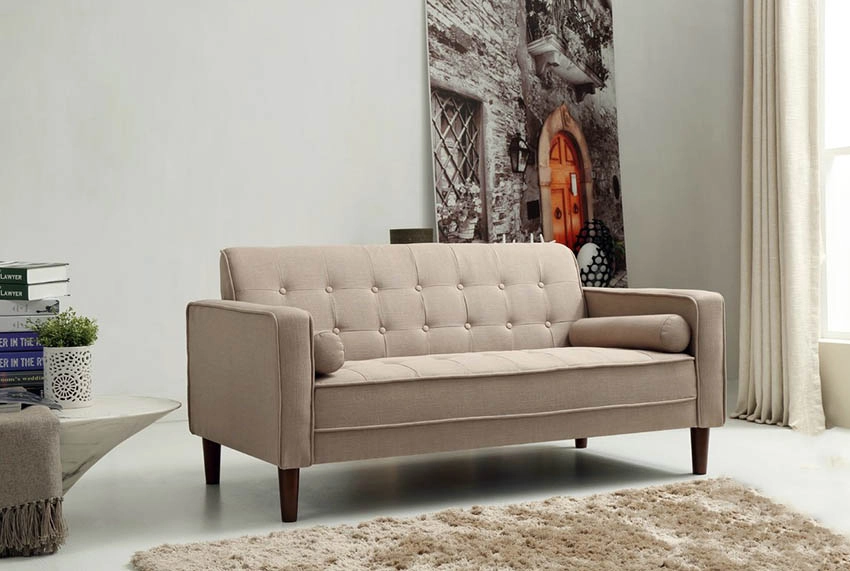 Beige linen sofa with wood legs