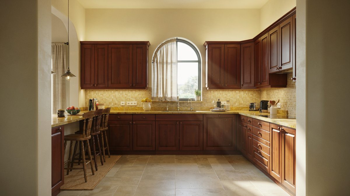 Cherry kitchen with arched window gold tile backsplash and wood barstools at counter