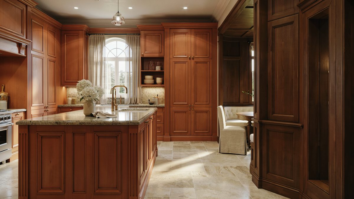 Ornate cherry kitchen with granite island arched window and adjoining dining nook