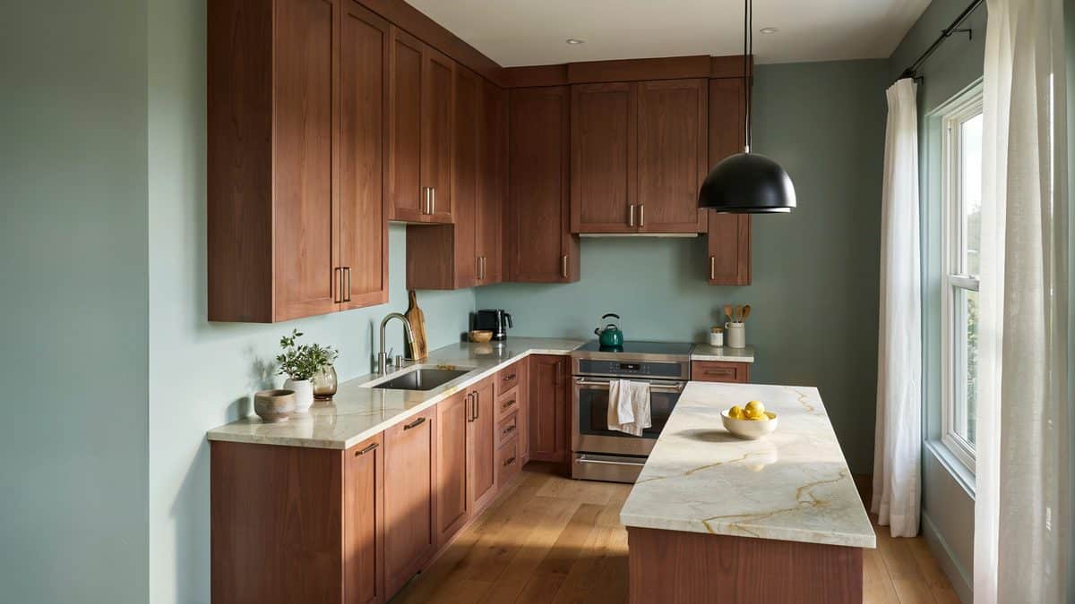Sage green walls with cherry cabinets and gold veined ivory granite island