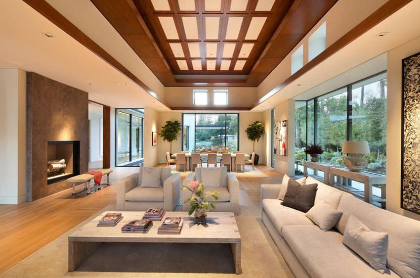 Contemporary living room with beige paint wood tray ceiling and fireplace
