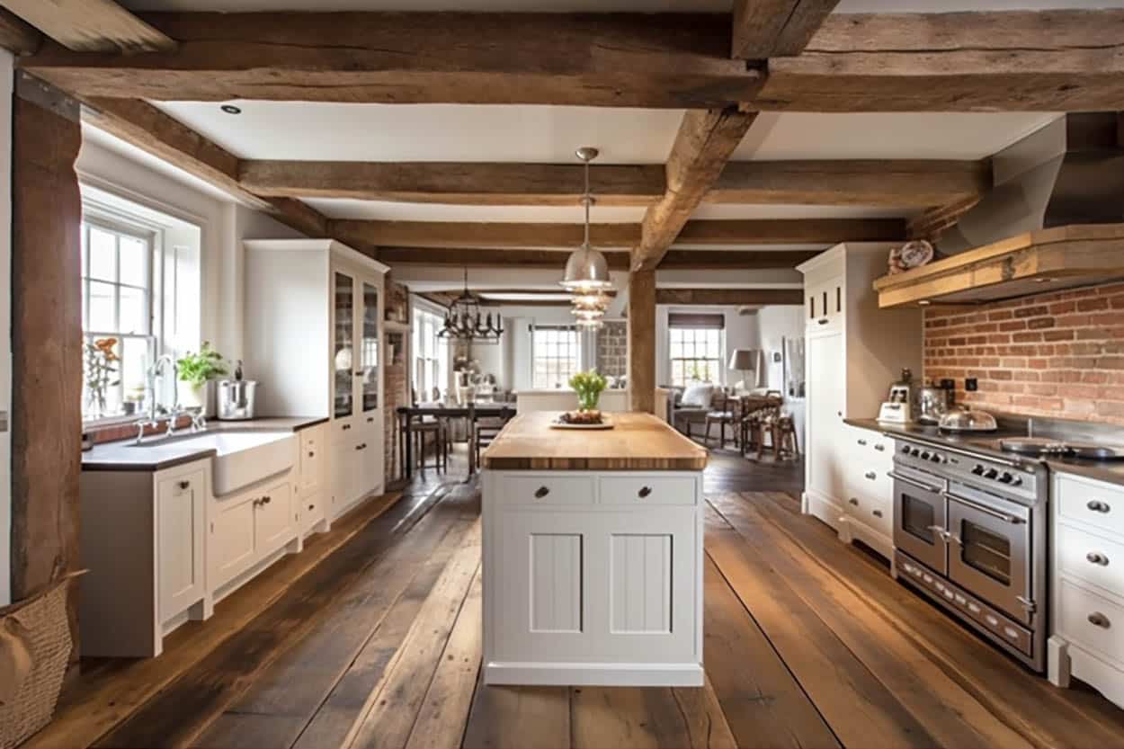 White cabinetry, wood plank flooring and exposed rough beams