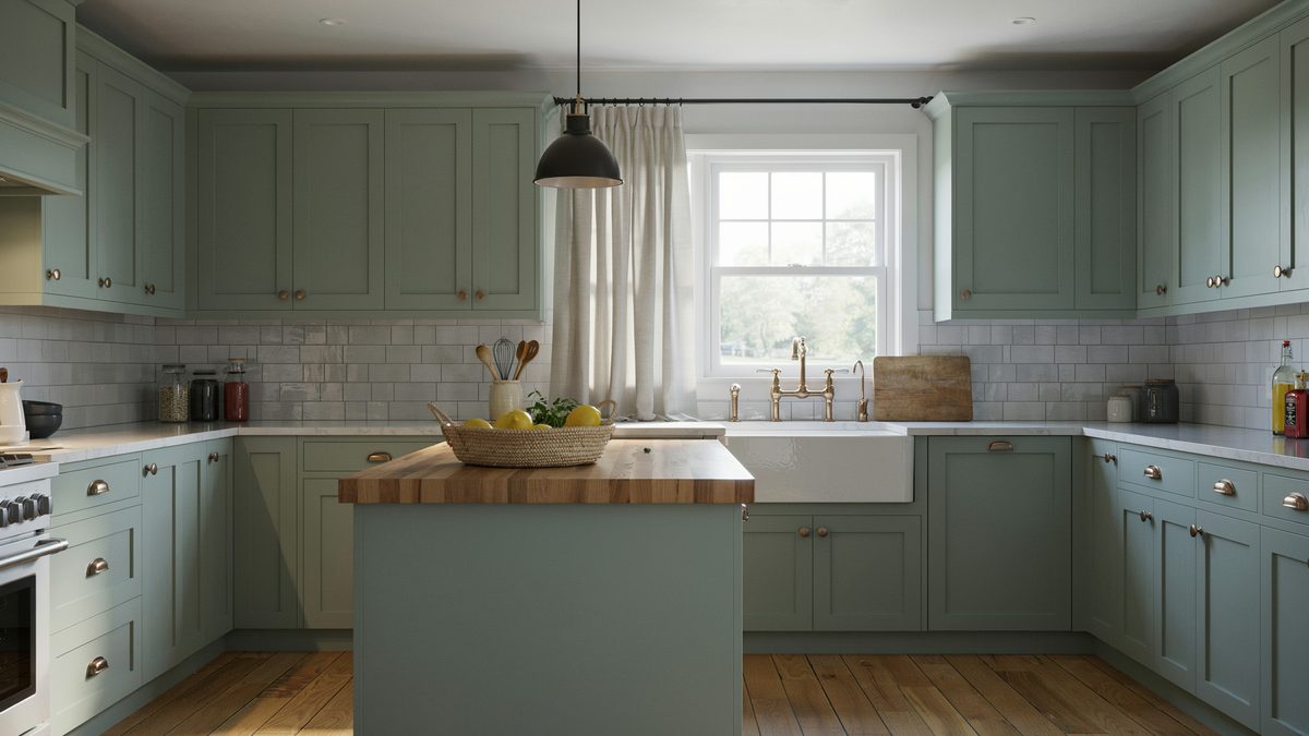 Sage cabinets and a butcher block island sit under a black pendant