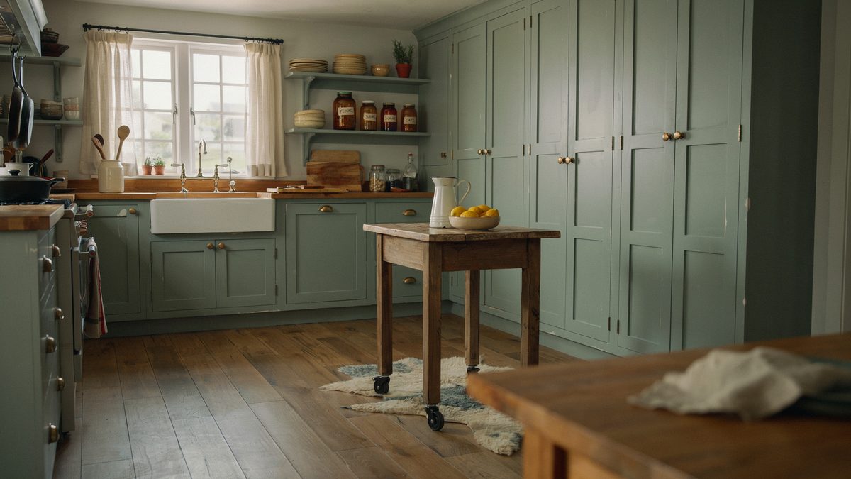 Muted green cabinets and a small rolling wood table on plank flooring