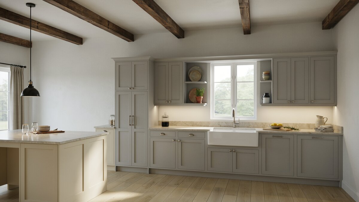 Greige cabinets under dark exposed ceiling beams with a farmhouse sink and pale island