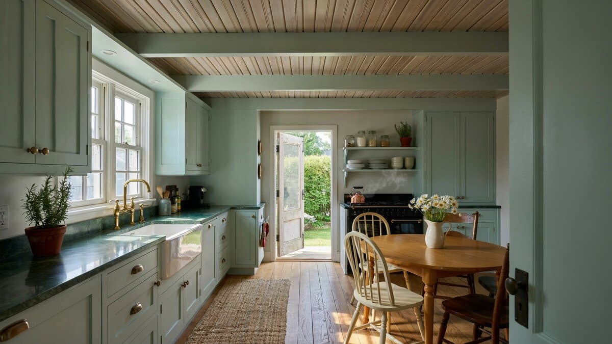 Mint green cabinets with dark green counters running to a round table by the door