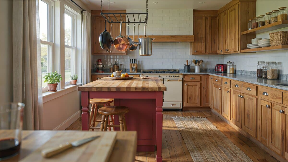 Red painted island with butcher block top and copper pots hanging above it