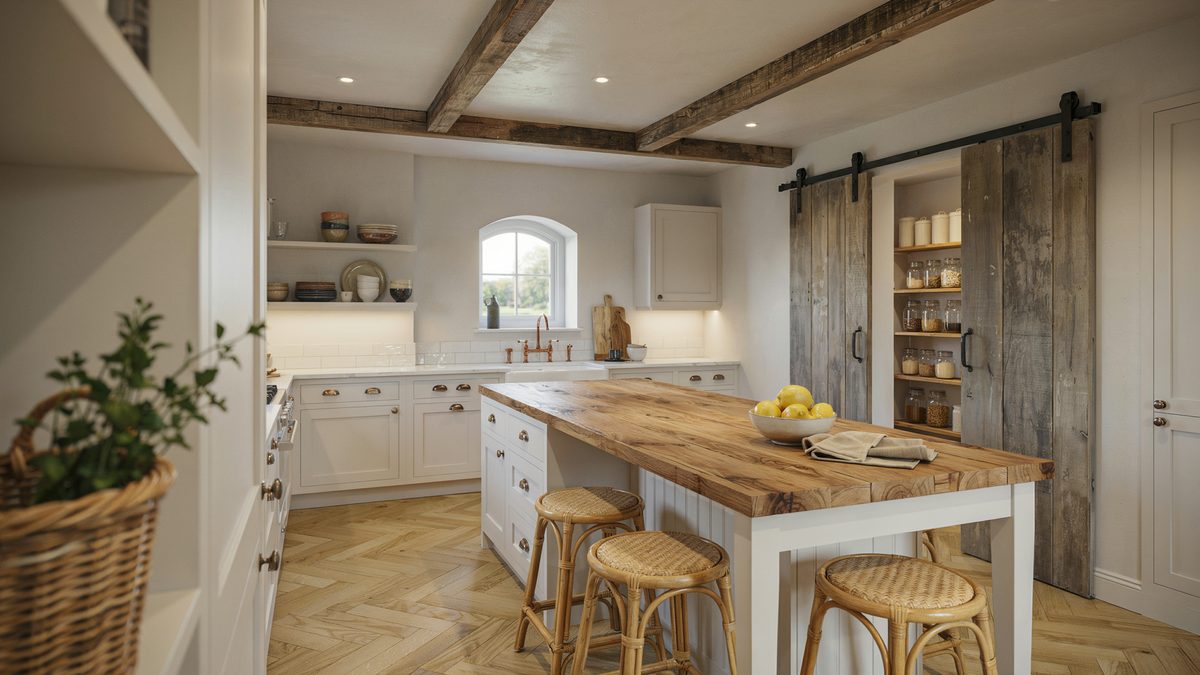 Sliding barn door pantry opens beside a white island with rattan stools