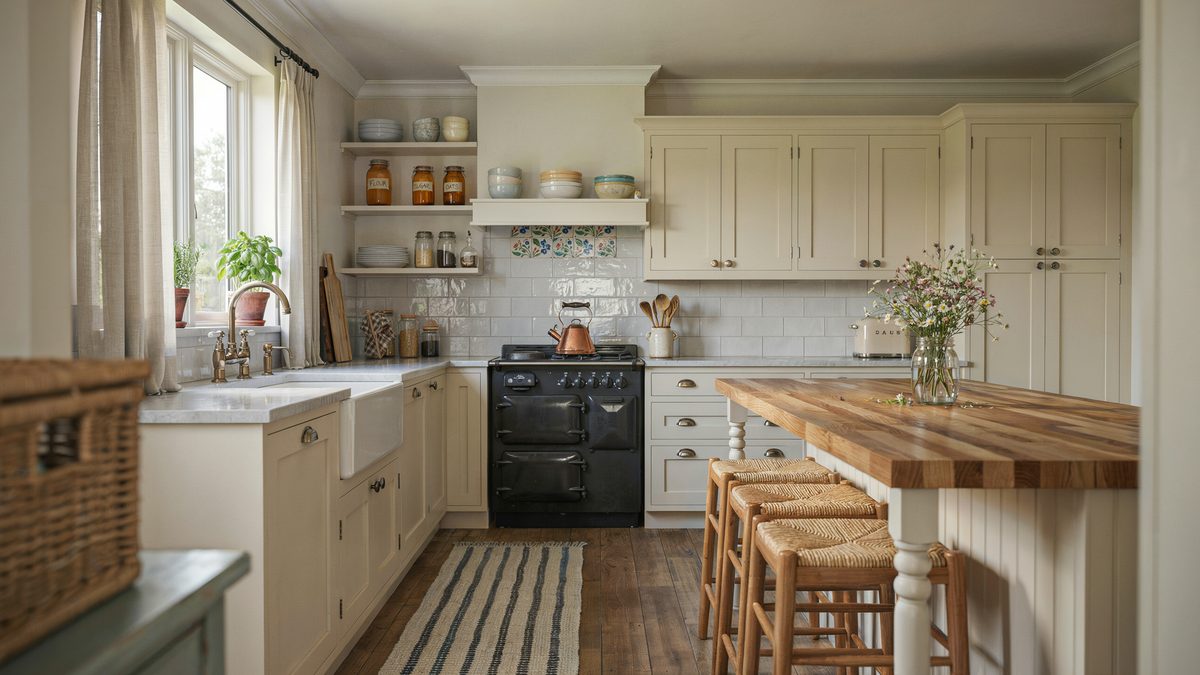 Cream cabinets pair with a butcher block bar and black vintage range
