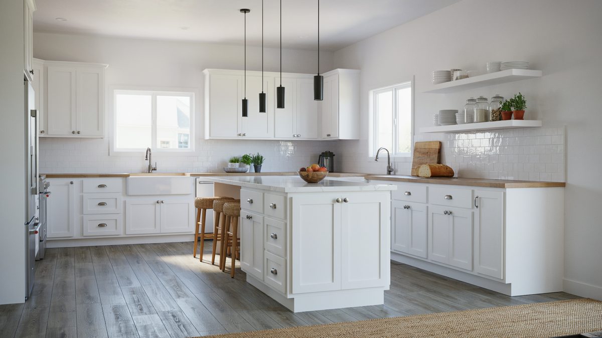 Country kitchen with gray vinyl plank floors, farmhouse sink and woven bar stools