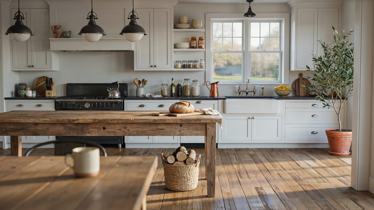 Rustic timber island anchors a white kitchen with black range and pendants