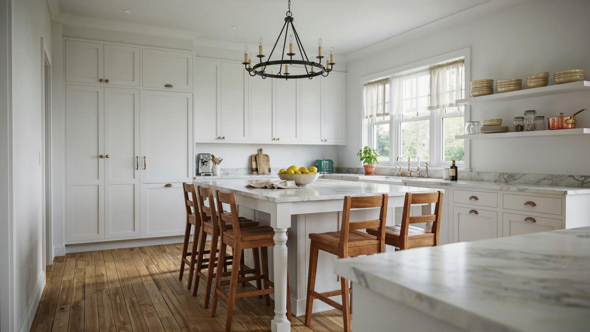 White country kitchen with a black iron ring chandelier over a long marble island