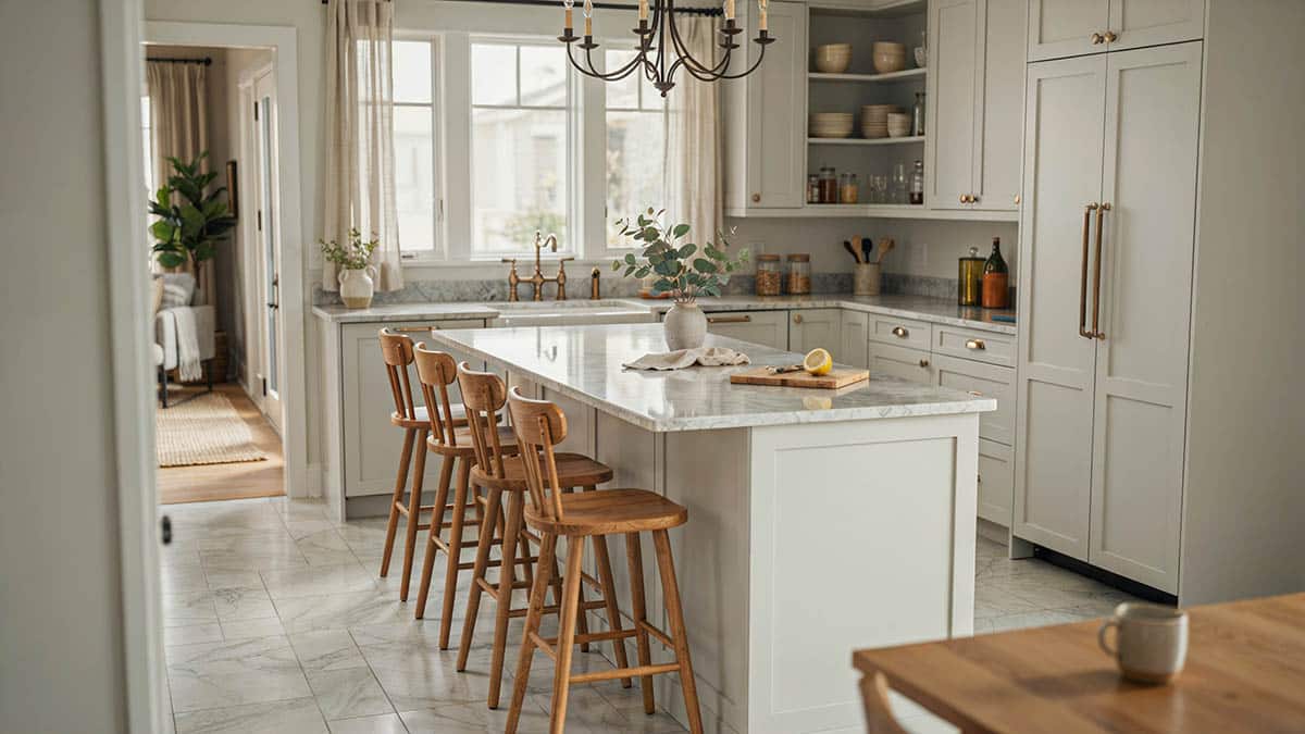 Kitchen with wrought iron chandelier over the island and wooden stools