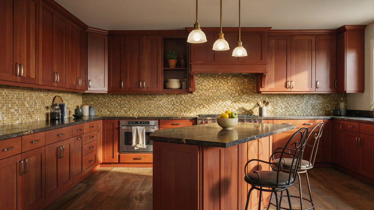 Cherry kitchen with gold mosaic backsplash brass pendants and black wire bar chairs