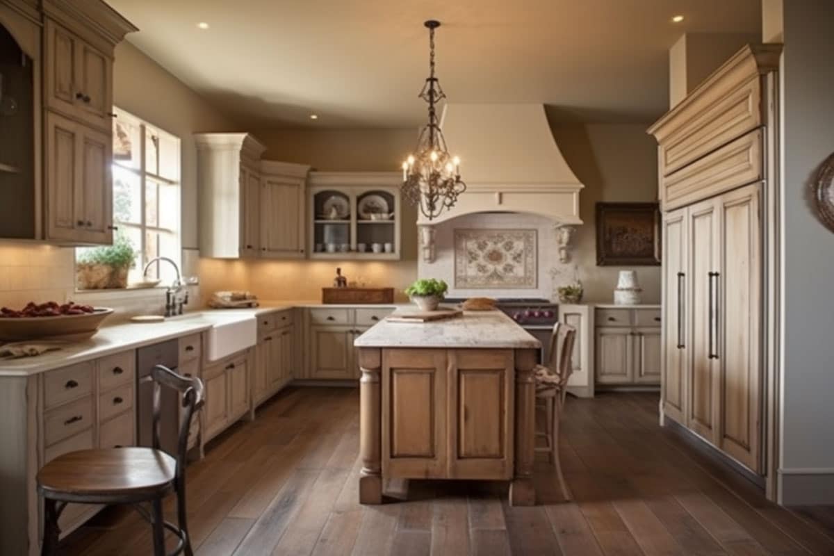 cream kitchen with island and cabinets