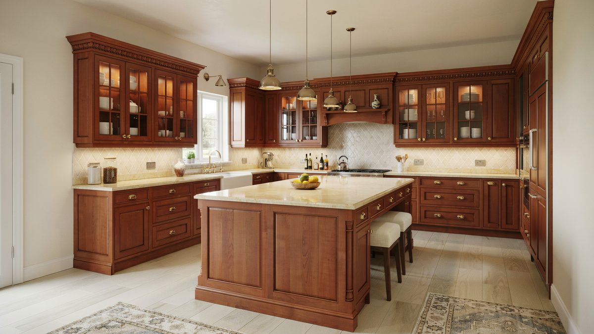 Cherry cabinets with glass fronted uppers cream counters area rug and brass pendants
