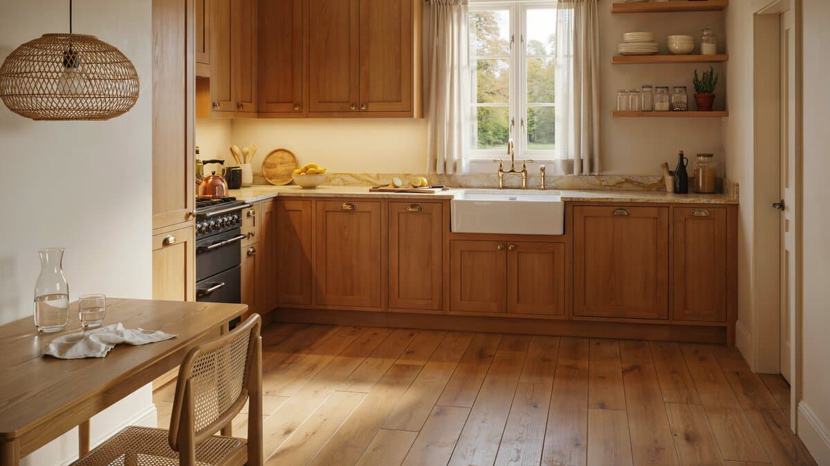 Warm oak country kitchen with a farmhouse sink and woven pendant over the counter