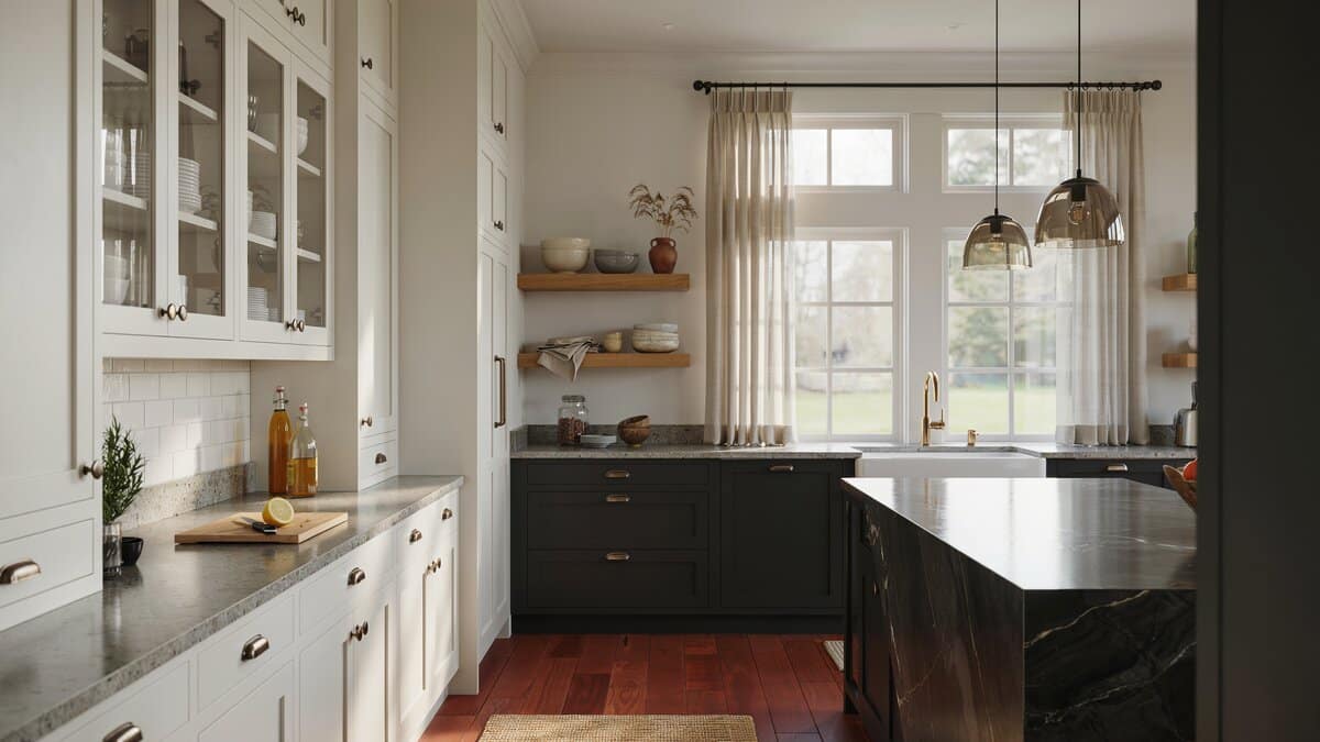 Kitchen mixing white glass front uppers with near black base cabinets and island