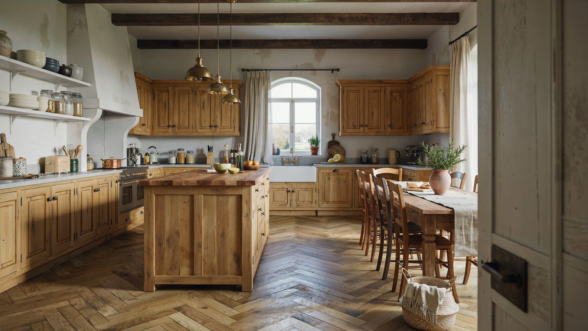 Golden oak cabinetry and a herringbone floor beside a long plank table