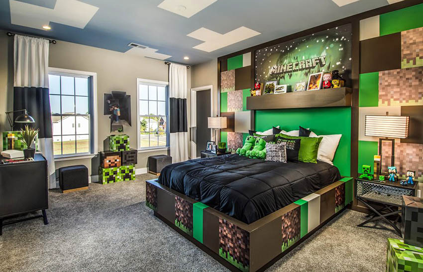 Kids minecraft themed bedroom design with accent wall and decor