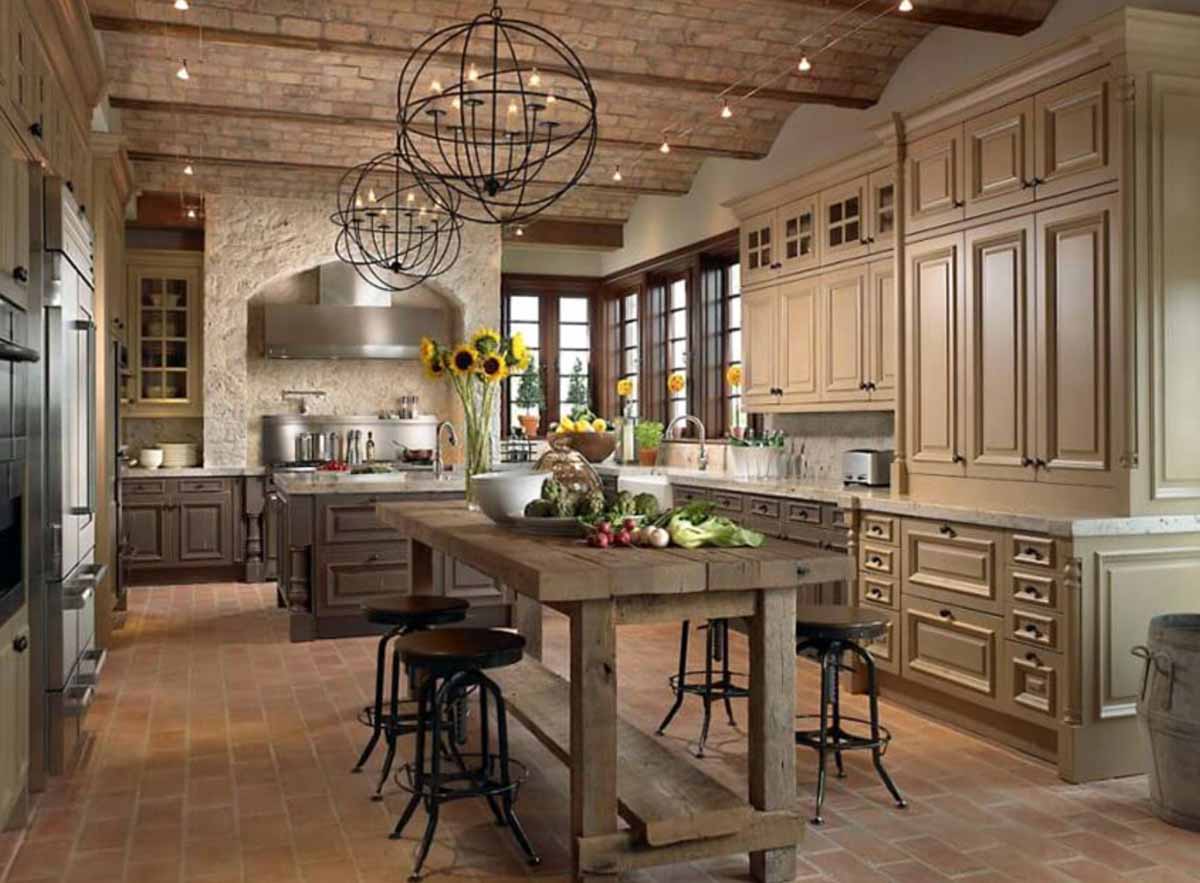 kitchen with cabinets globe pendant lights and wood table