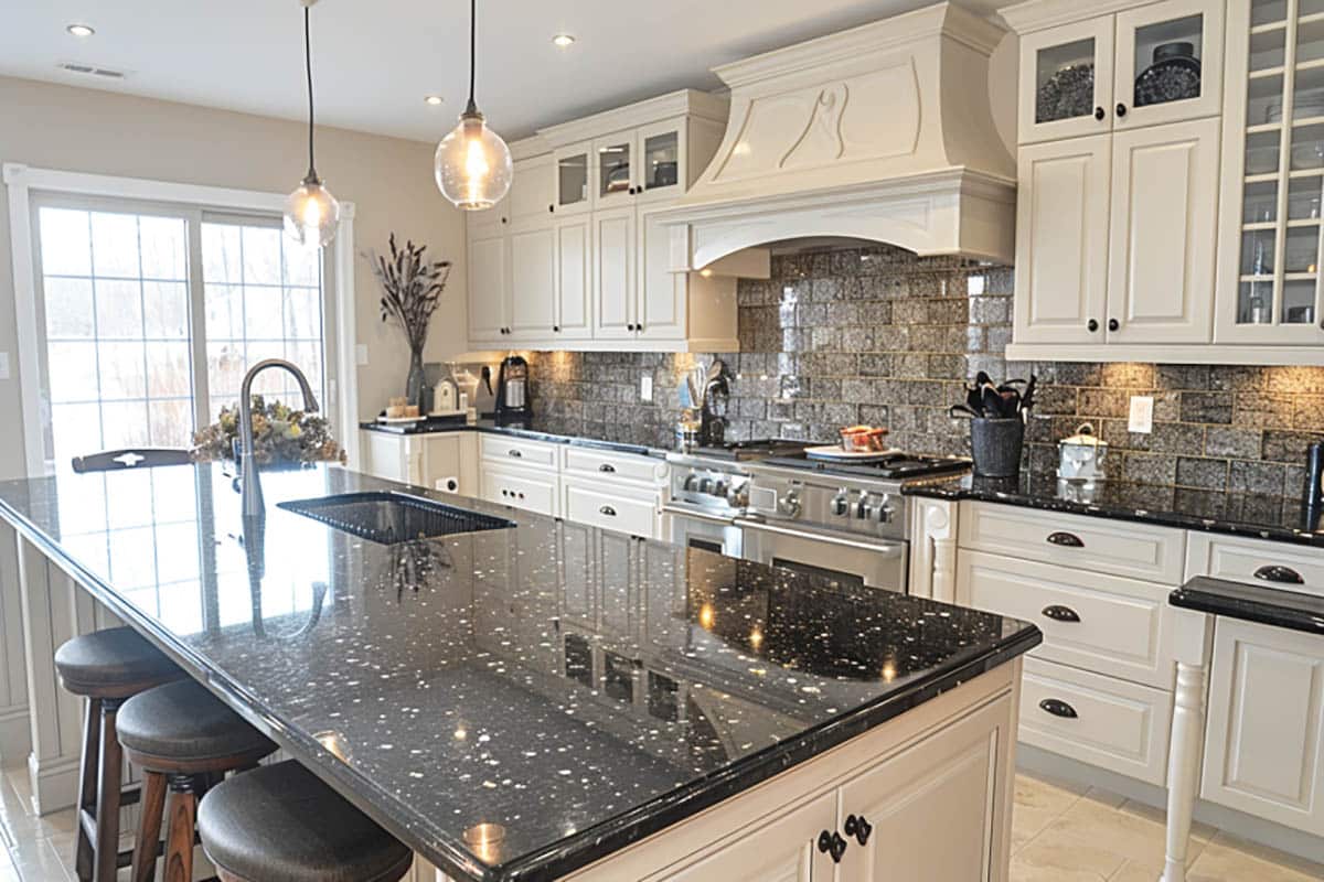 Kitchen with labrador blue pearl granite countertops 