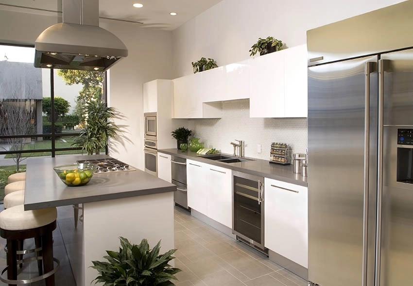 Kitchen with plants above cabinets