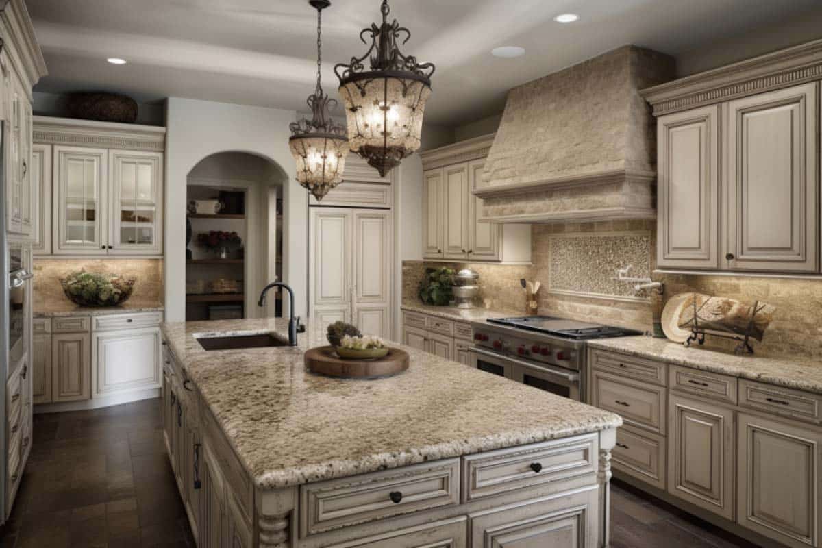 kitchen with whitewashed cabinets and countertop