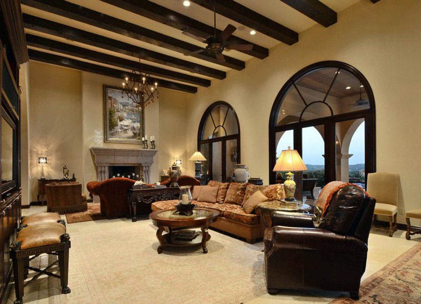 Mediterranean living room with earth tones and wood beam ceiling