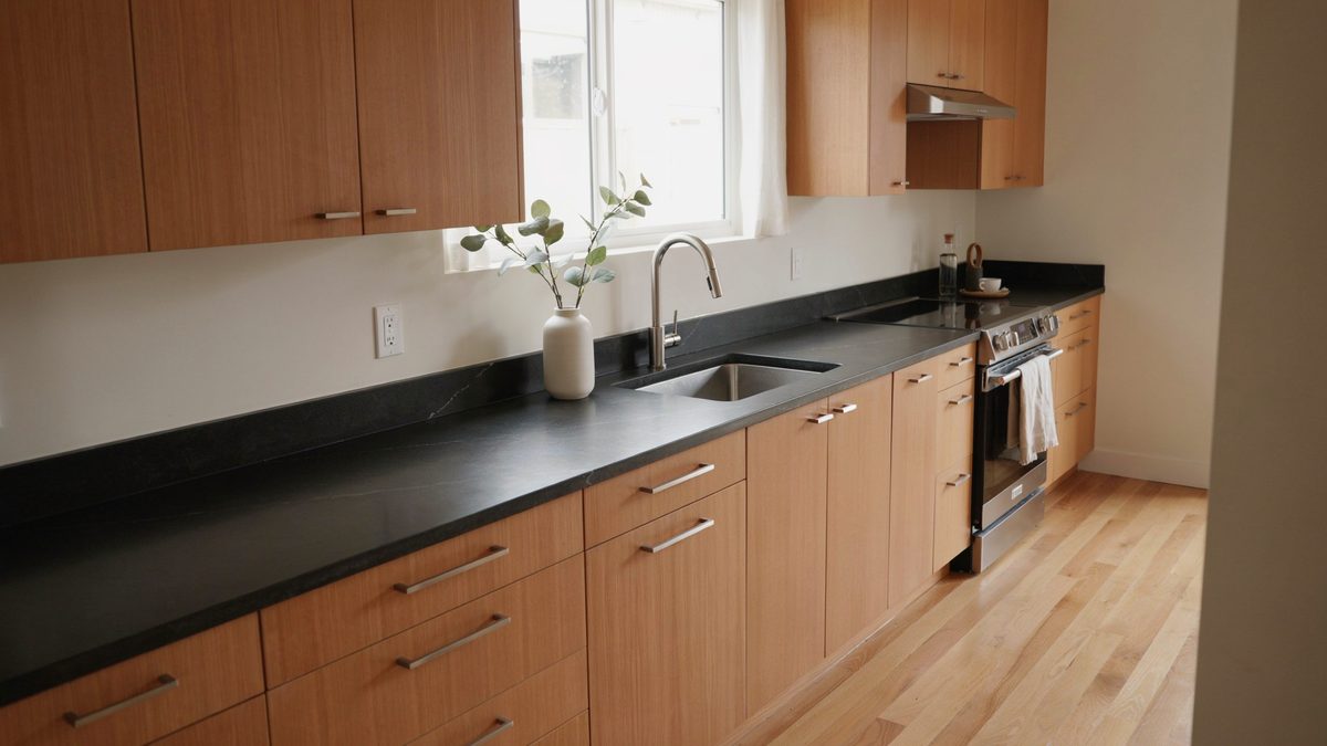 Flat panel cherry cabinets with black counters bar pulls and light oak floor