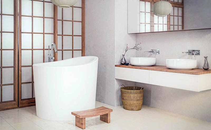 Ofuro Japanese soaking tub in bathroom with shoji doors