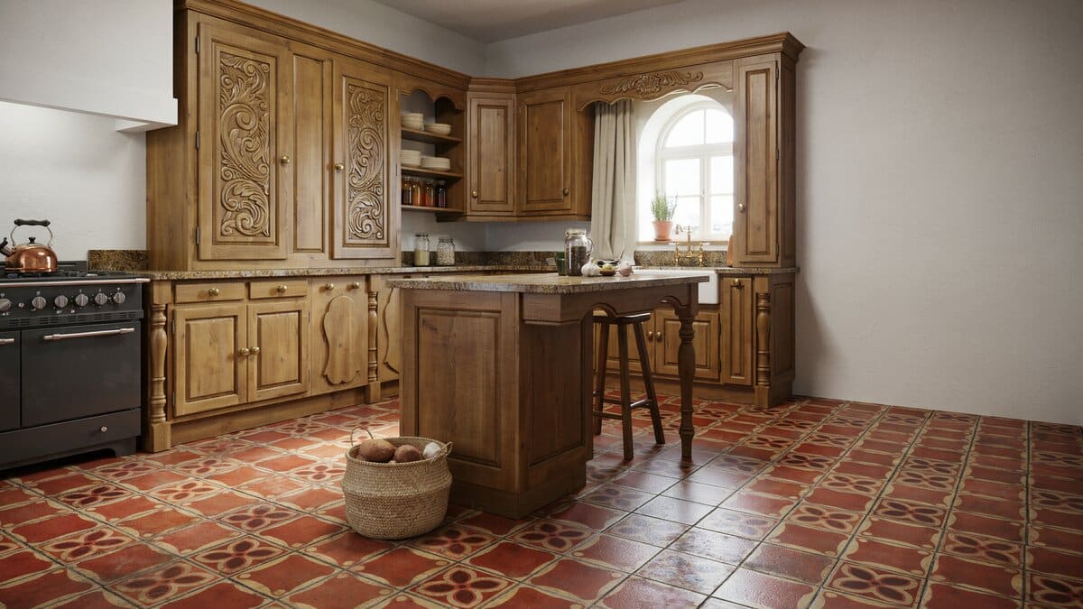 Carved oak cabinetry and a black range above red patterned medallion floor tiles