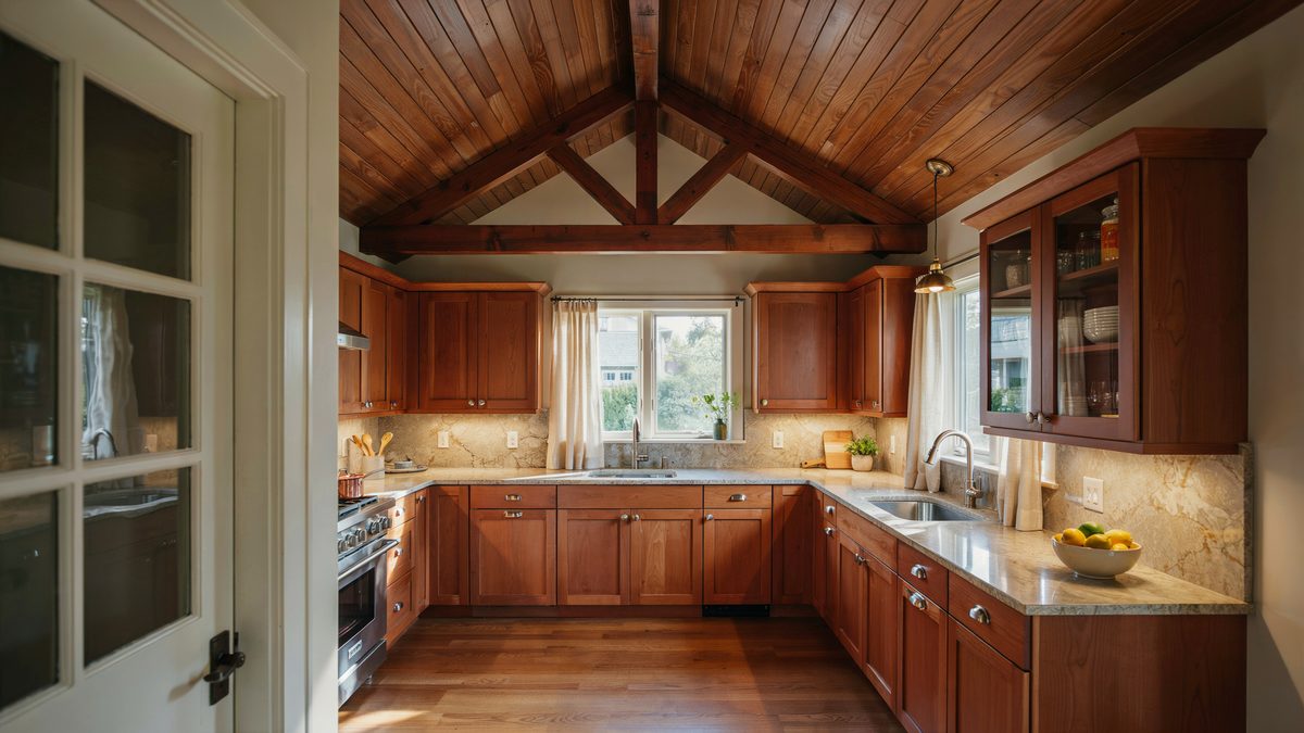 Cherry kitchen beneath vaulted wood ceiling with exposed truss and speckled granite