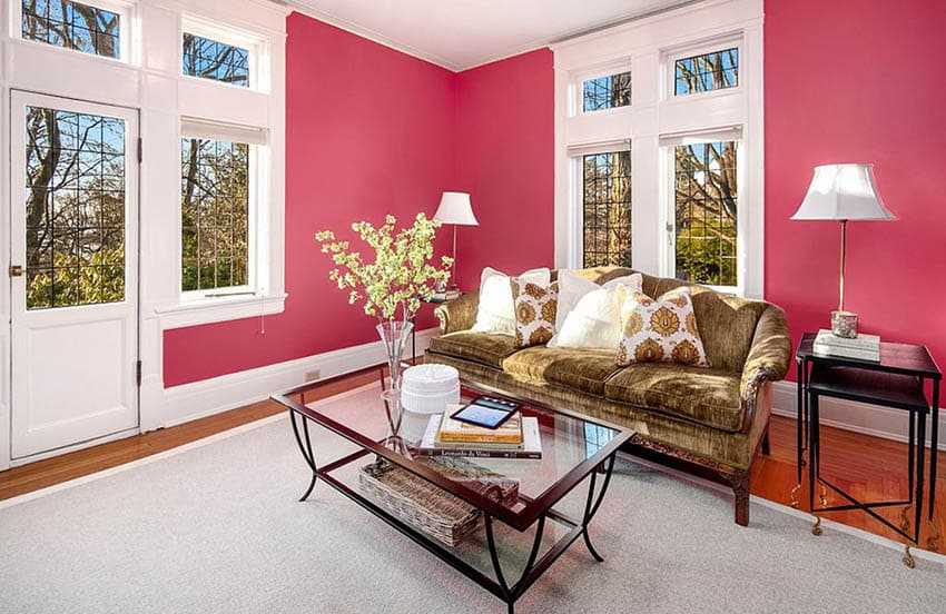 Pink living room with white trim