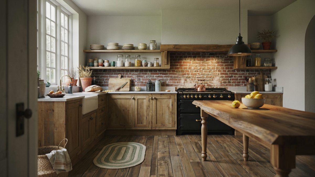 Weathered oak cabinets and brick backsplash behind a raw wood dining slab