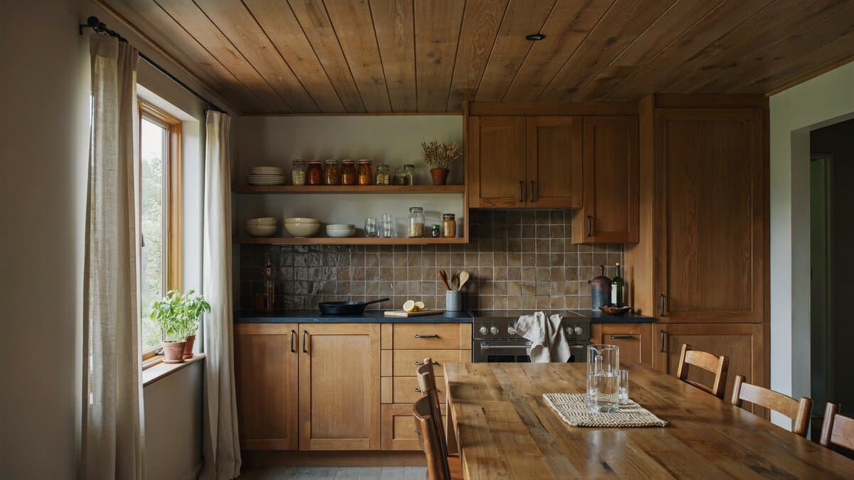 Teak cabinets and a planked ceiling above a long wood dining table set for a meal