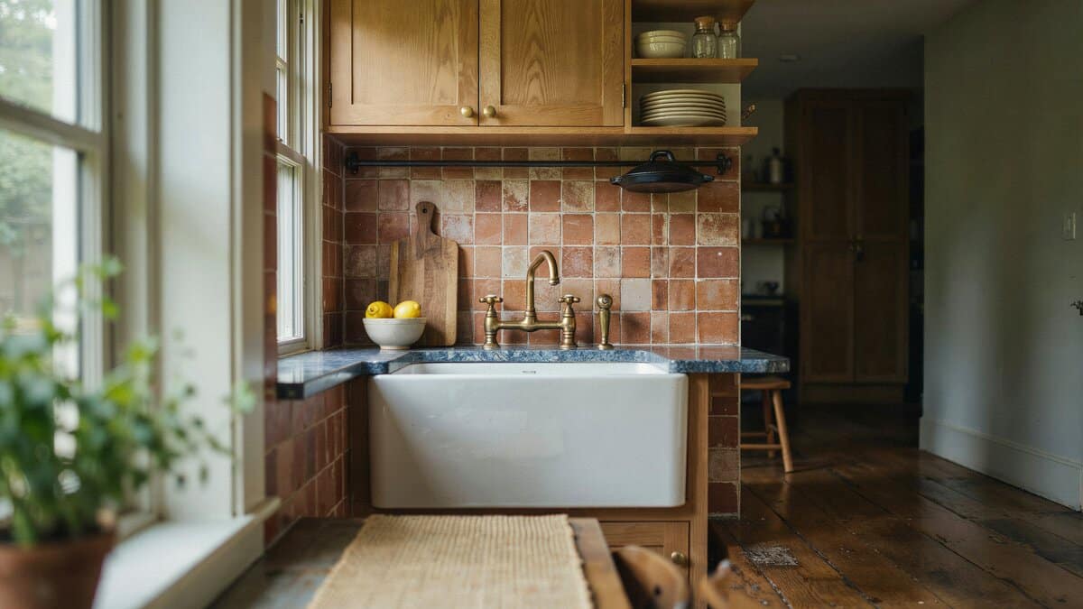 Terracotta tile wall behind a deep apron sink and dark speckled stone counter