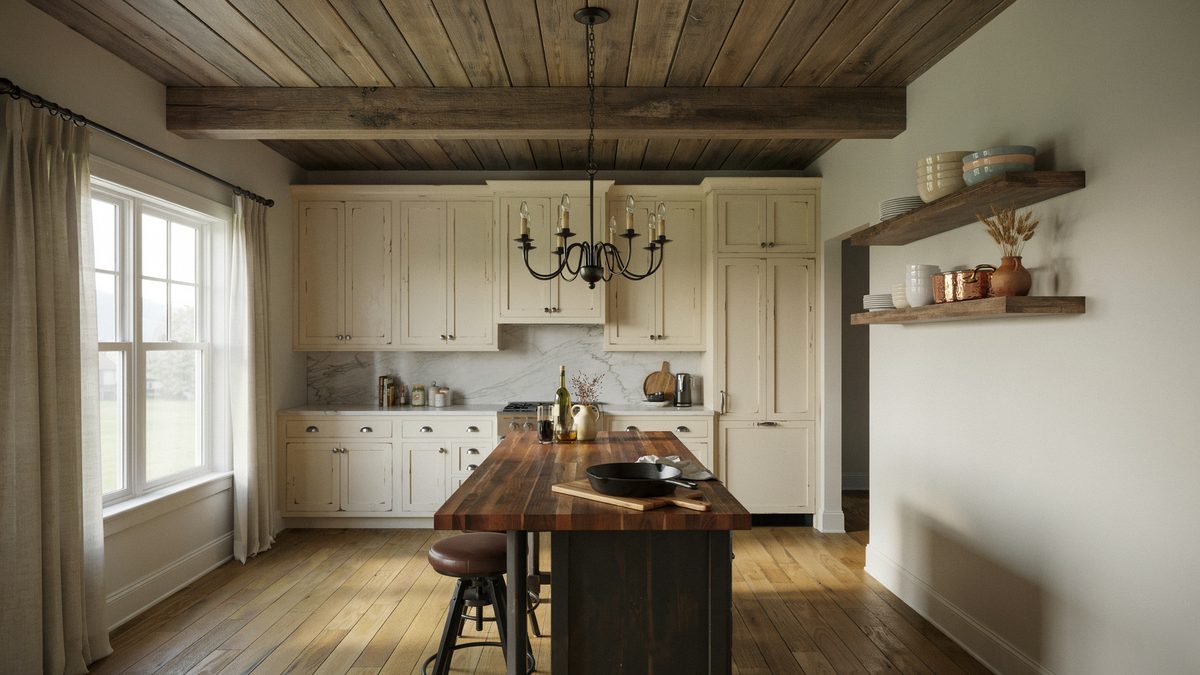 Iron chandelier hangs over a dark walnut island under a beamed ceiling