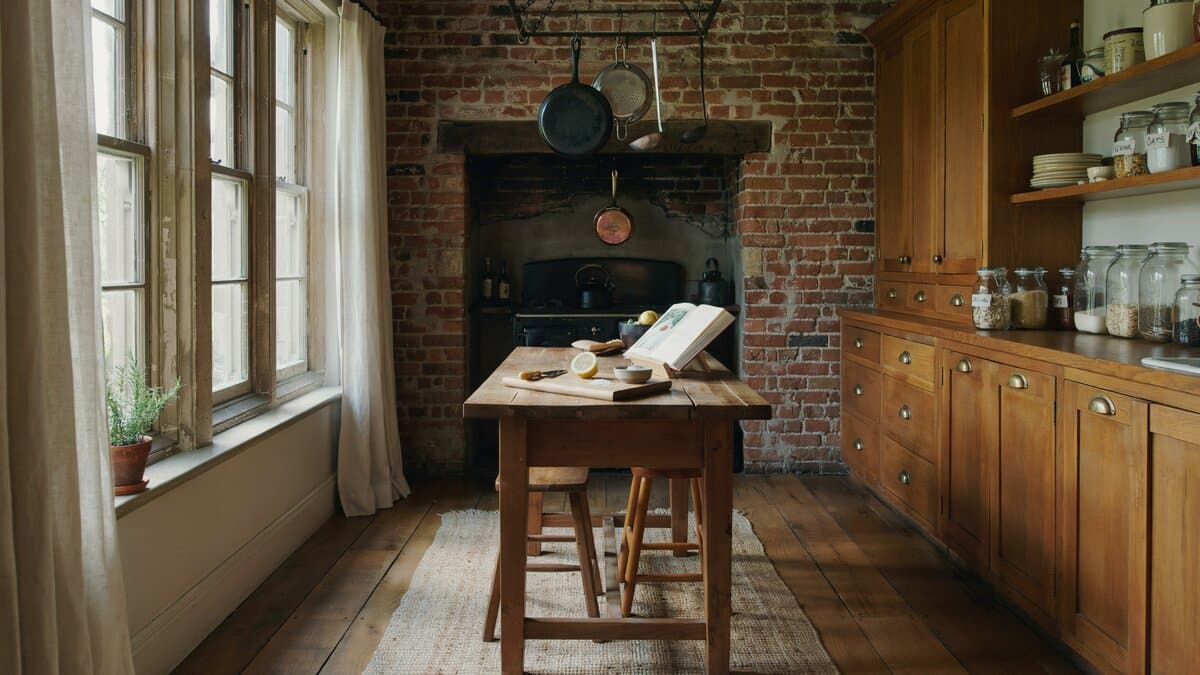 Exposed brick cooking alcove facing a small wood work table and oak cupboards