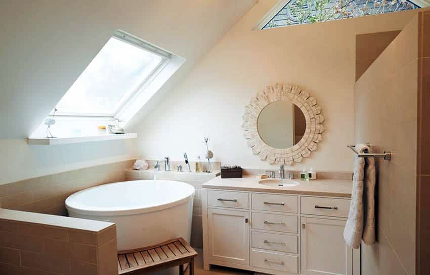 Small upstairs bathroom with acrylic Japanese soaking tub