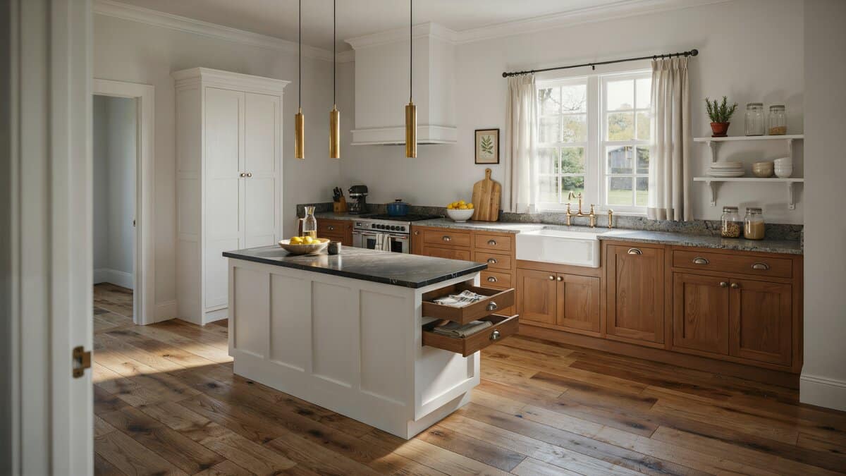 Pale island with black granite top and brass pendants set against oak perimeter cabinets