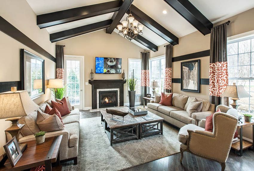 Traditional earth tone living room with wood floors wood beams and tan walls