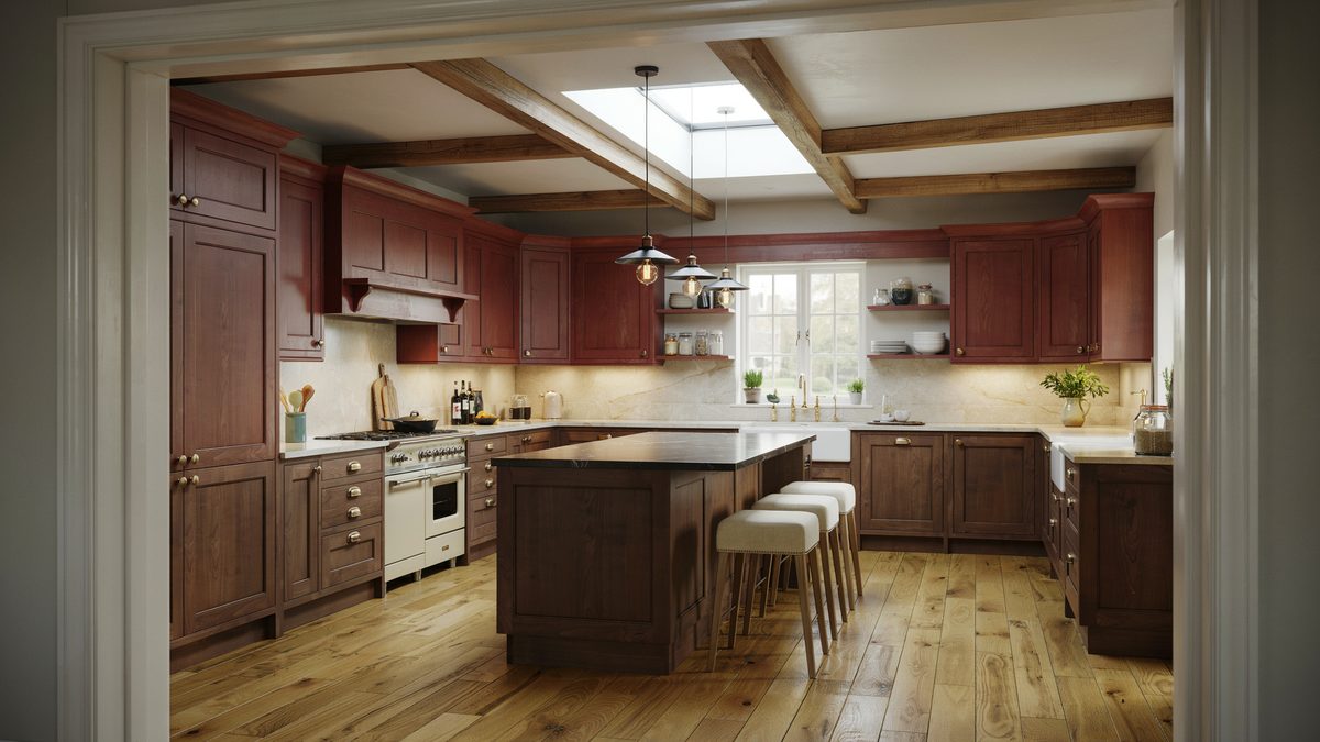 U shaped cherry kitchen with skylight beamed ceiling and cream counter stools