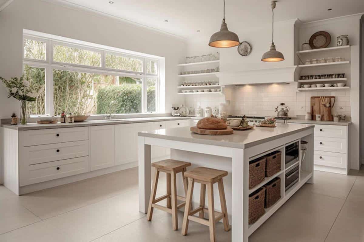 white cabinet country kitchen with grey pendant lights basket storage